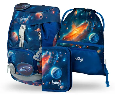 Produktbild von Baagl Schulranzen Jungen 1 Klasse Airy Schultasche Set 3-Teilig - Weltraum