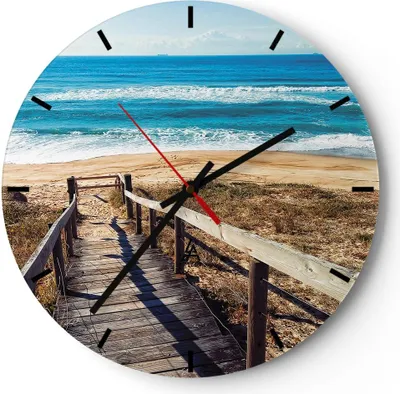 Produktbild von Wanduhr - Rund - Glasuhr - Meer Strand Eintritt - 30x30cm - Schleichendes Uhrwerk - Lautlos - zum Aufhängen bereit - Dekoration Modern - Wanddekoration aus Glas - C3AR30x30-4359