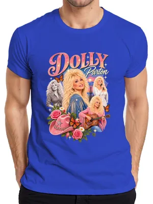 Zdjęcie produktu dla Dolly Parton, koszulka męska z motywem country, muzyka country, kowbojka, western, gitara, styl retro, kolor niebieski, rozmiar M