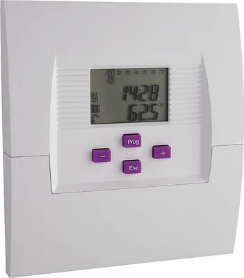 A white digital thermostat with a gray LCD screen and purple buttons.