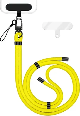 Image de HoldMe Edition - Lanyard avec mousqueton noir & 2 pads - Chaîne universelle pour téléphone portable Bandoulière en nylon - Jaune fluo