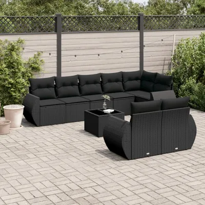 Produktbild von 9-tlg. Garten-Sofagarnitur mit Kissen Schwarz Poly Rattan 3221624