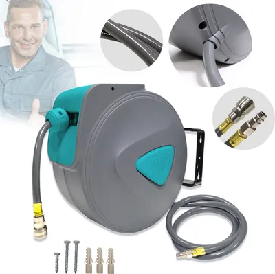 Zdjęcie produktu dla Zwijacz węża sprężonego powietrza XMTECH 20m z automatycznym przyłączem 1/4'' - uchwyt ścienny na wąż, szary