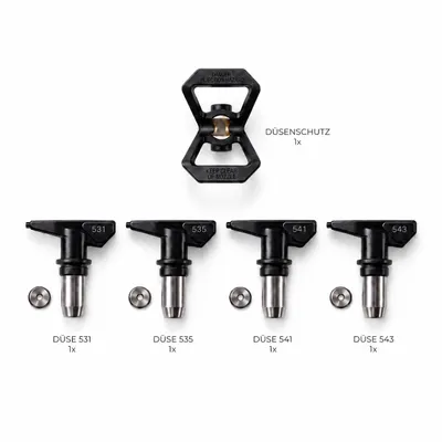 Produktbild von Profispray Airless Spachteldüsen Set 531, 535, 541 & 543 mit Düsenhalter, KI-generiertes Bild
