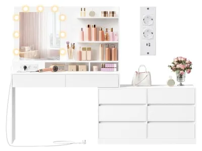 Obrázok produktu pre Toaletný stolík so zrkadlom a LED osvetlením | Farba: biela | Rozmery: 169,2 x 40 x 145,5 cm