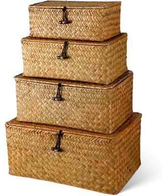 Immagine prodotto di Omgoods - Set di 4 cesti portaoggetti in vimini con coperchio - Realizzati in giunco naturale