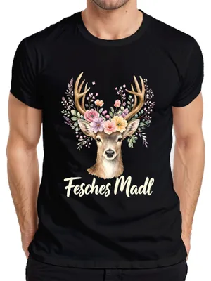 Immagine prodotto di Maglietta da uomo in pelle, stile bavarese, con motivo di cervo e corna di fiore, taglia L, colore nero