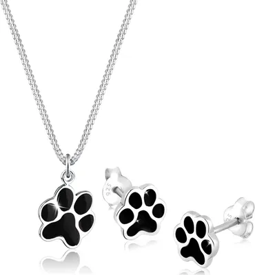 Produktbild von ELLI Damen Schmuckset 925 Sterling Silber Katzenpfötchen Halskette Ohrstecker schwarz