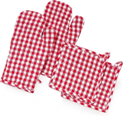 Produktbild von Ofenhandschuhe + Topflappen (2+2 Set) (Rot/Weiß)