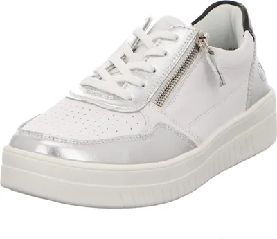 A white and silver sneaker with a zipper detail.