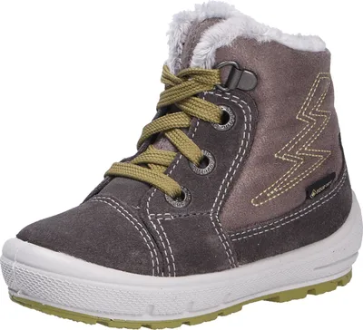 A single gray boot with green laces and white stitching is shown against a white background.