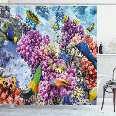Produktbild von ABAKUHAUS Fisch Duschvorhang, Meereslebewesen, Pflegeleichter Stoff mit 12 Haken Wasserdicht Farbfest Bakterie Resistent, 175 x 180 cm, Multicolor