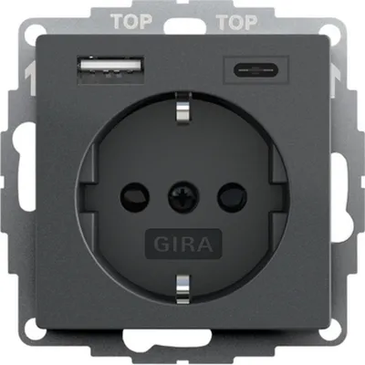 Produktbild von Gira SCHUKO-Steckdose, USB-Spannungsversorgung, 2-fach, Typ A/C, System 55, Anthrazit, 1 Stk.