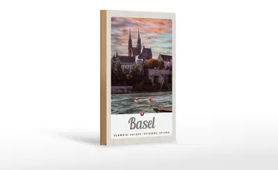 Produktbild von Holzschild Reise 12x18 cm Basel Schweiz Fluss Natur Architektur