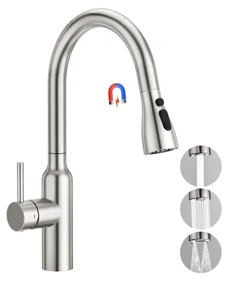 Produktbild von Küchenarmatur mit hohem Bogen und 3 Wasserstrahlarten, ausziehbare Brause, Einhebelmischer, Hochdruckarmatur, 360° drehbar, matt gebürsteter Edelstahl
