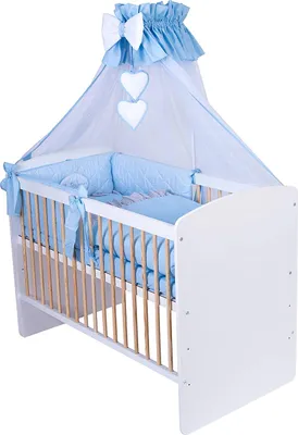 Produktbild von KMbaby Babybett K2 gelb-weiss 120x60 mit 10tlg Bettwäsche Set Matratze Gitterbett blau grau