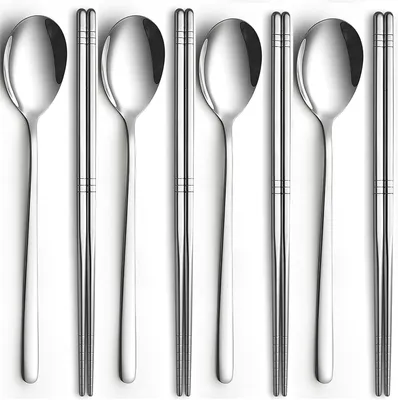 Obrázok produktu pre Sada 4 párov nerezových paličiek, 4 lyžice, opakovane použiteľné, 225 mm, pre kuchyňu