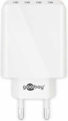 A white goobay 30 Watt charging adapter with three USB ports on top and the goobay logo on the front.