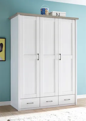 Produktbild von Lebbie II Kinder-Kleiderschrank Drehtürenschrank, moderner Landhausstil, Spanplatte in Pinie Hell / Trüffel Nachbildung, mit 3 Türen, 5 Fächern, 2 Kleiderstangen und 3 Schubkästen, 2.01 m x 1.48 m x 0.62 m