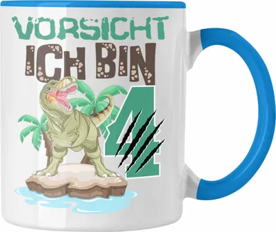 Produktbild von Trendation - Vorsicht Ich Bin 4 Geschenk 4er Geburtstag Geschenkidee Jungs Dinosaurier Tasse Becher T-rex (Blau)