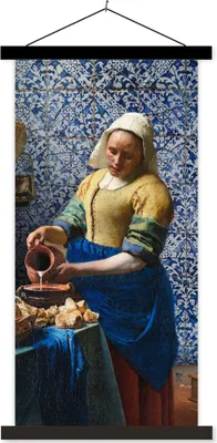 Produktbild von MuchoWow® Textilposter Milchmädchen - Delfter Blau - Vermeer - Gemälde - Alte Meister 90x180 cm mit schwarzem Rahmen - Dekoration Wohnzimmer