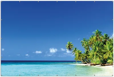 Produktbild von Wallario XXL Outdoor-Poster für Garten oder Balkon, Motiv Blauer Himmel  weißer Strand  Palmen und das tiefblaue Meer, in ca. 300 x 200 cm