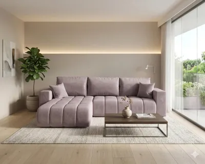 Image de Canapé d’angle LARA PREMIUM gauche rose foncé velours Monolith 62 - fonction couchage, coffre de rangement pour la literie