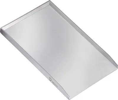 A silver metal grill plate on a white background.