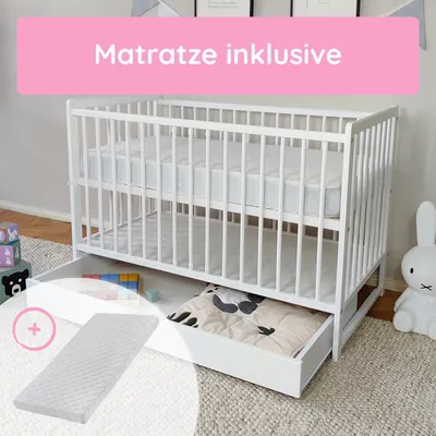 Produktbild von Babybett Kinderbett 60x120 Gitterbett Baby Bett Komplett-Set mit Matratze Beistellbett mitwachsend, Lattenrost höhenverstellbar mit abnehmbaren Spross