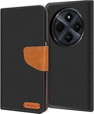 A black flip-style phone case with a brown leather strap and a circular camera cutout is shown.