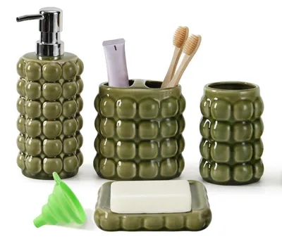 Immagine prodotto di Set di accessori da bagno, 4 pezzi, Vetroceramica, colore verde, struttura che ricorda le pietre