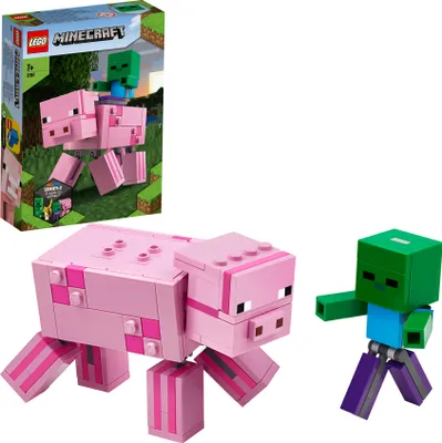 Produktbild von LEGO Minecraft BigFig 21157 Schwein (10x6 cm) mit Zombiebaby (7 cm hoch), 159 Teile, bewegliche Glieder, Mehrfarbig, zum Spielen und Dekorieren.