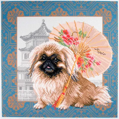 Imagen del producto de CdA, tela estampada para bordado a punto de cruz, diseño "Pekinés en Pekín", referencia PA1694, 34 x 34 cm