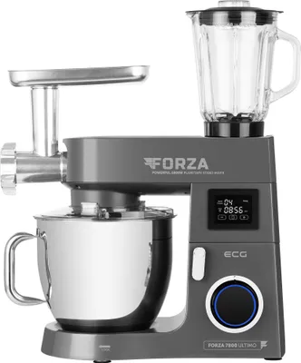 A multi-functional kitchen appliance with a blender attachment and a meat grinder attachment.