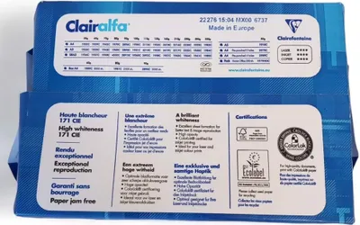 Two stacked reams of paper packaging, showing product details and certifications.