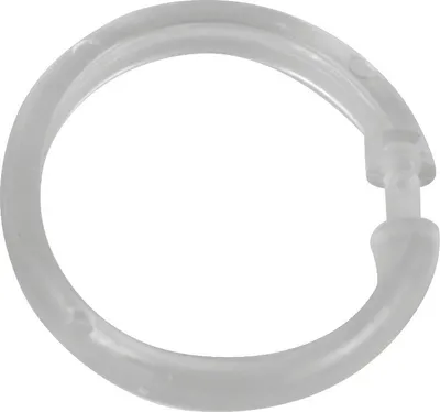 A single transparent shower curtain ring is shown against a white background.