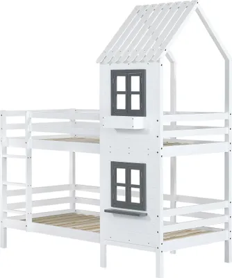 Produktbild von Merax Etagenbett 90x200cm Kinderbett mit Rausfallschutz, Hochbett mit Leiter, Hausbett mit Lattenrost Holzbett für 2 Kinder, Kieferholzbett, Weiß
