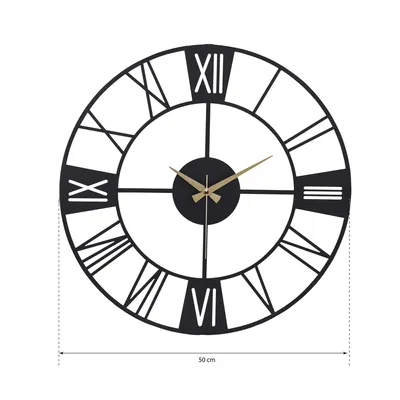 A black metal wall clock with Roman numerals and gold hands is shown against a white background. A measurement line indicates the clock is 50 cm in diameter.