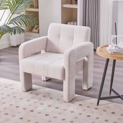 Produktbild von LVHOM Polstersessel mit Chenille-Bezug, Sessel mit Holzrahmen, Polsterstuhl Relaxsessel Loungesessel Scandi, 67,5x74,5x69cm, Belastbar 230kg, Beige