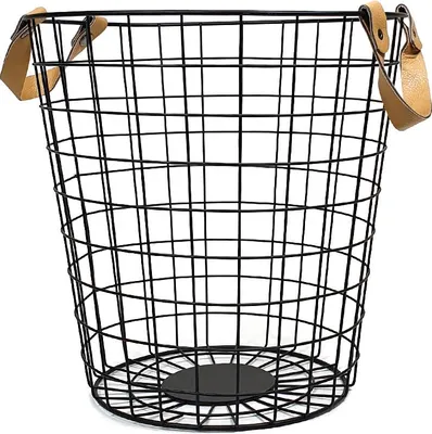 Immagine prodotto di QUVIO Grande cesto portaoggetti in metallo - Cesto intrecciato - Cesto industriale in rete metallica - Maniglie in pelle - Cesto da soffitto - Metallo nero