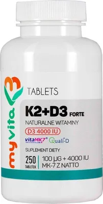 Produktbild von MyVita Vitamin K2 100mcg + D3 4000 IE, 250 Tabletten.