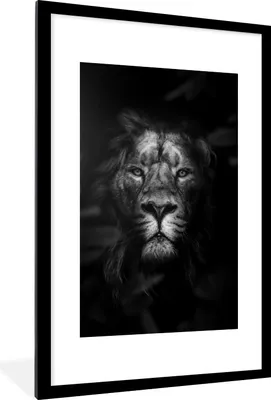 Produktbild von MuchoWow® Gerahmtes Poster Porträt eines Löwen im Dschungel - schwarz und weiß 60x90 cm - Poster mit Schwarzem Bilderrahmen Wandposter Rahmen Foto Bilder - Dekoration - Wandposter Wohnzimmer - Hochwertig