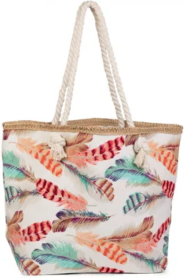 Produktbild von styleBREAKER Strandtasche mit buntem Feder Muster und Bast Saum | separates Kosmetiktäschchen | Reißverschluss | 47 x 32 x 15 cm | Damen Shopper Badetasche