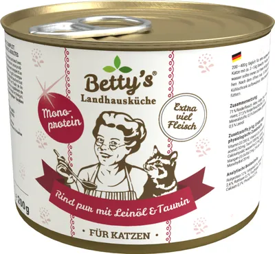 Produktbild von Bettys Landhausküche 6 x 200g Rind pur mit Leinöl Katzenfutter