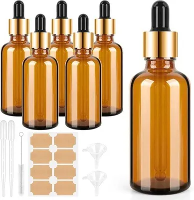 Zdjęcie produktu dla Szklane fiolki do pipetowania o pojemności 50 ml, 6 sztuk, wraz z suszarką, etykietami i naklejkami do aromaterapii.