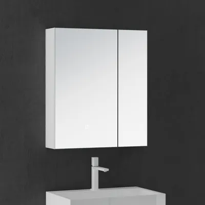 Image de doporro Armoire Murale Salle de Bains avec Miroir LED Placard de Rangement Blanc Mat en Bois Armoire de Toilette 2 Portes 60x15x70 cm Spiegelschrank 04