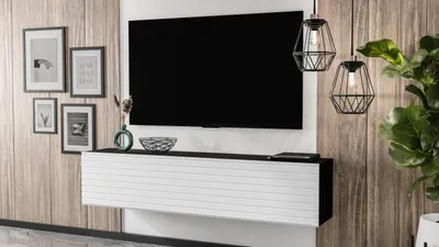 Produktbild von AX LIVING Lowboard Zivolli 160 Lamellenfront TV-Hängeschrank Schwarz/Weiße Lamellen