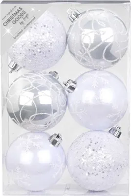 Produktbild von Weihnachtskugeln Dekorierte Kugeln Kunststoff 8cm 6er Set - Weiß
