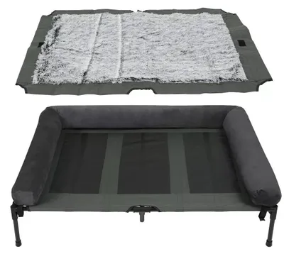 Produktbild von Erhöhtes Outdoor-Hundebett - XL Hundeliege 110x80x28 cm - Kühlendes Mesh-Liegepodest - Abnehmbarer Plüschrand - Tragbar und waschbar - Grau