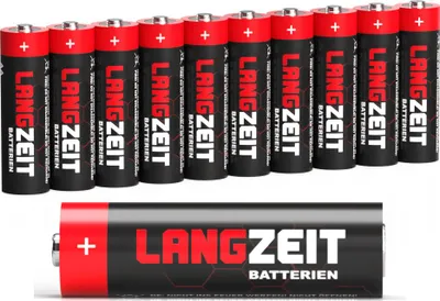 A row of AA batteries and one AA battery in the foreground, all with red and black branding.